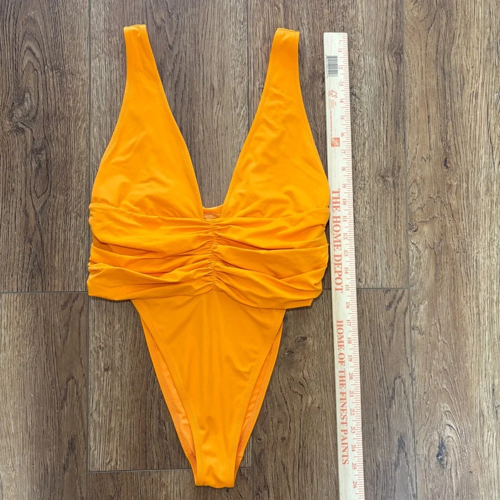 Aerie Shine Plunge Ruched One Piece Cheekiest Womens Large Orange Swimsuit beach